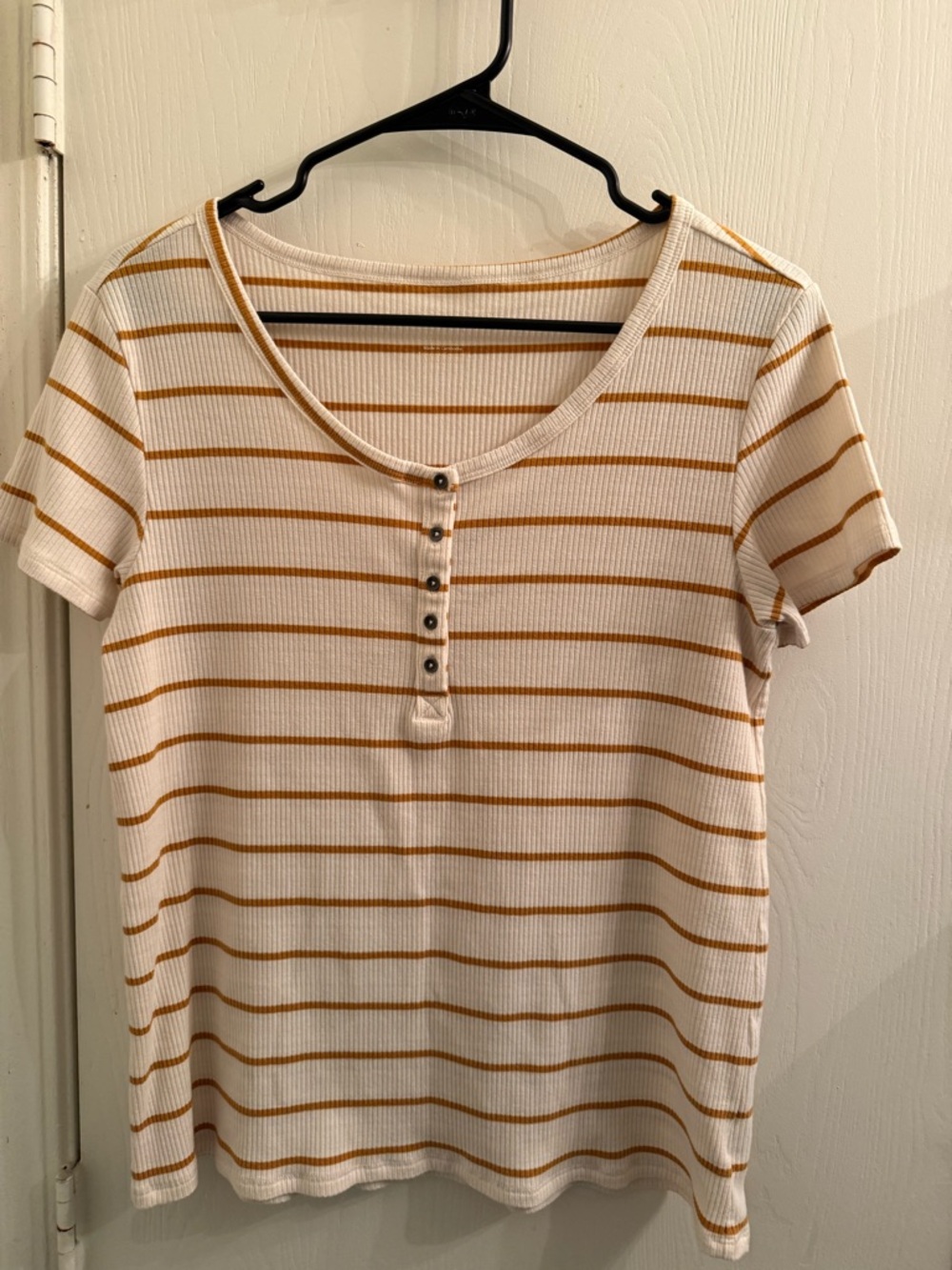 American Eagle Outfitters Cream Short-Sleeve Henley with Mustard Stripes